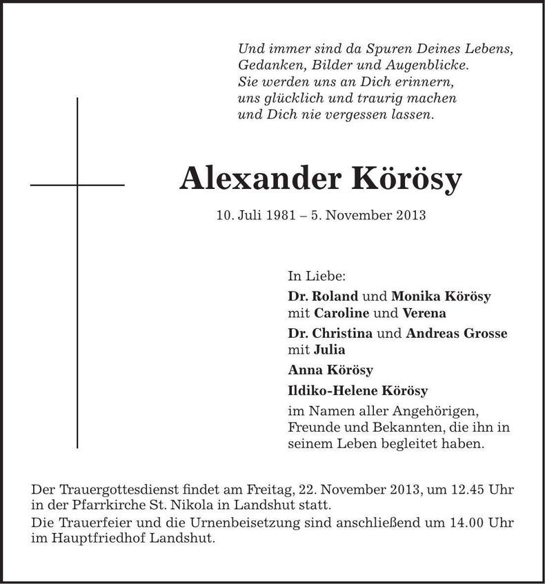 Traueranzeige Alexander Körösy