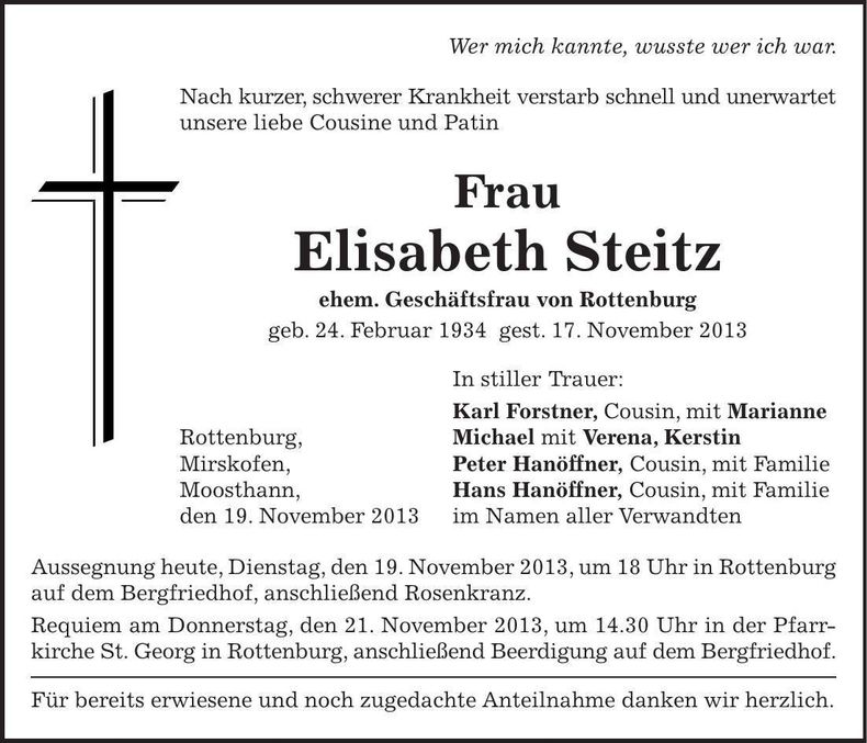 Traueranzeige Elisabeth Steitz