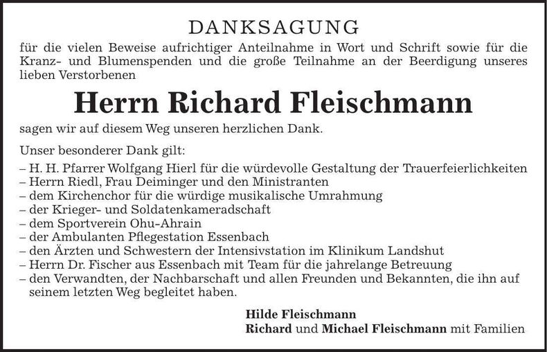 Traueranzeige Richard Fleischmann
