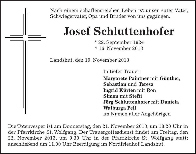 Traueranzeige Josef Schluttenhofer