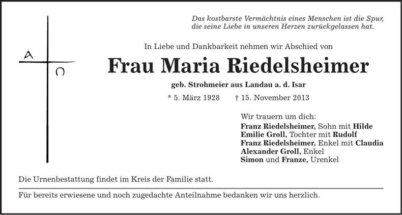 Traueranzeige Maria Riedelsheimer