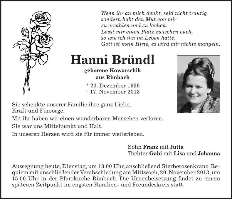 Traueranzeige Hanni Bründl