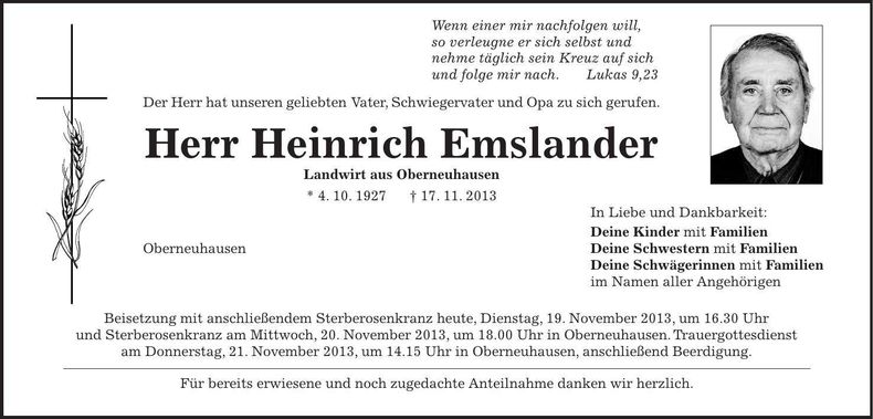 Traueranzeige Heinrich Emslander