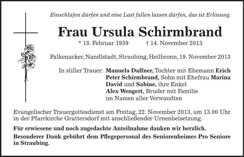 Traueranzeige Ursula Schirmbrand