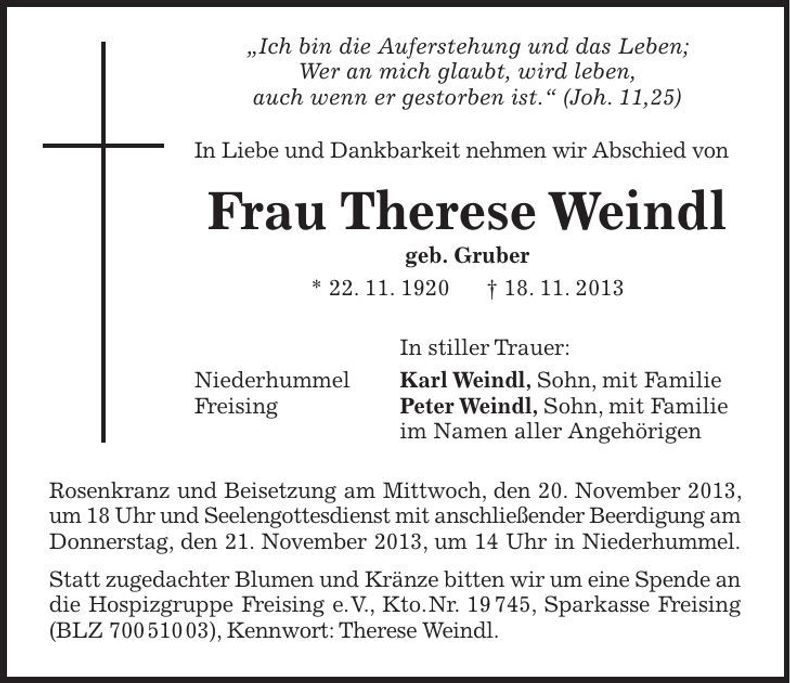 Traueranzeige Weindl Therese