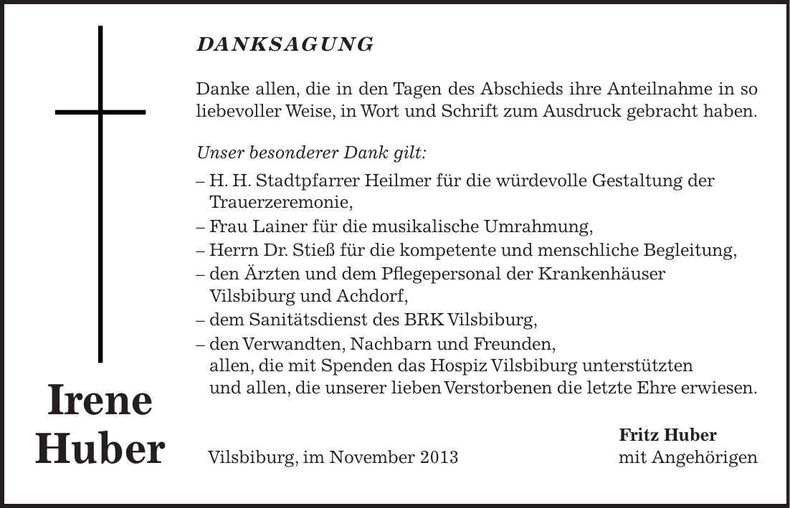 Traueranzeige Irene Huber