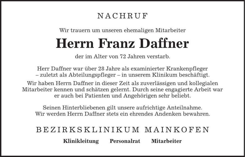 Traueranzeige Franz Daffner