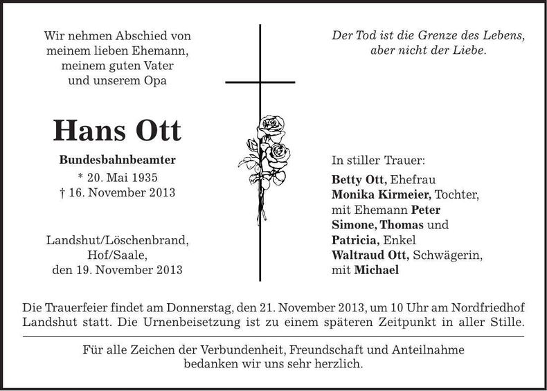 Traueranzeige Hans Ott