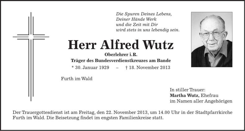 Traueranzeige Alfred Wutz