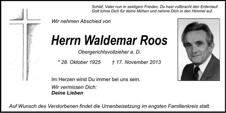 Traueranzeige Waldemar Roos