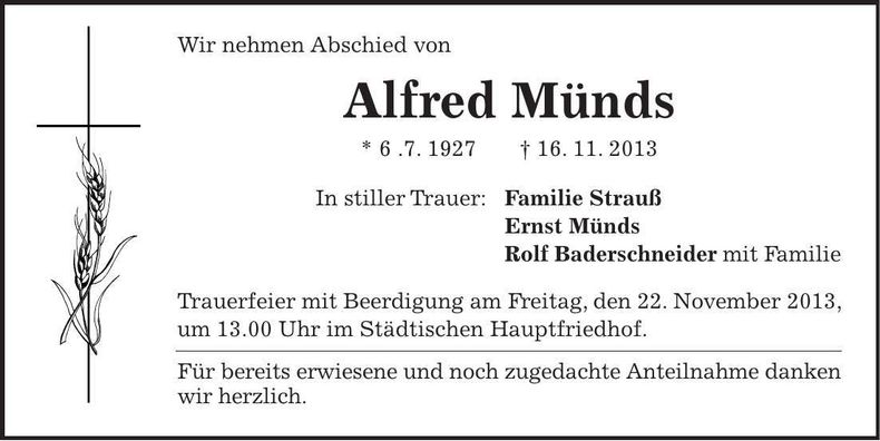 Traueranzeige Alfred Münds