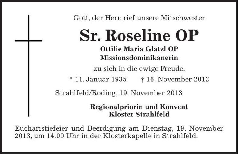 Traueranzeige Ottilie Maria Sr. Roseline Glätzl OP