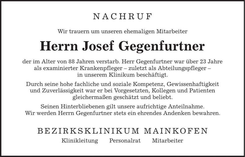Traueranzeige Josef Gegenfurtner