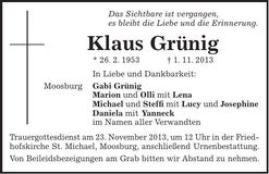 Traueranzeige Klaus Grünig