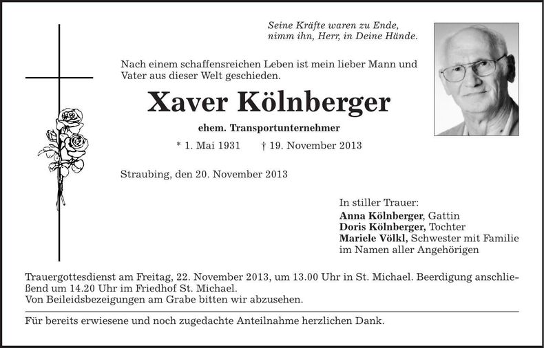 Traueranzeige Xaver Kölnberger