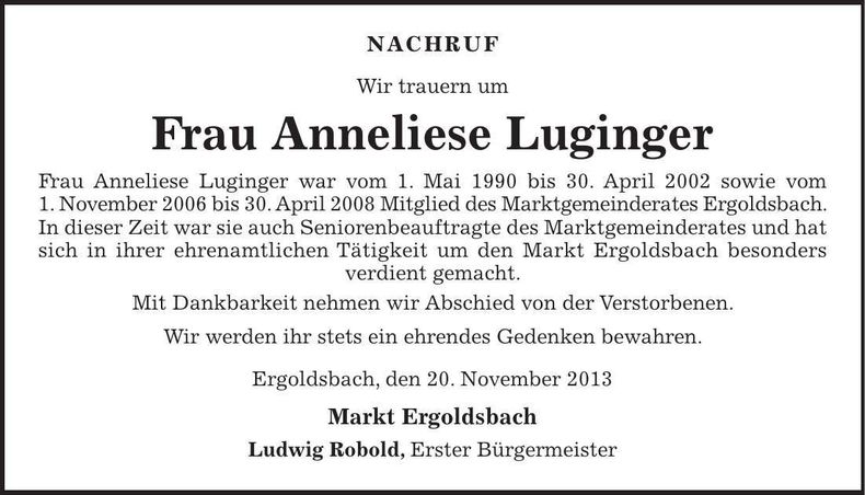 Traueranzeige Anneliese Luginger