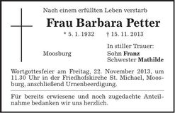Traueranzeige Barbara Petter