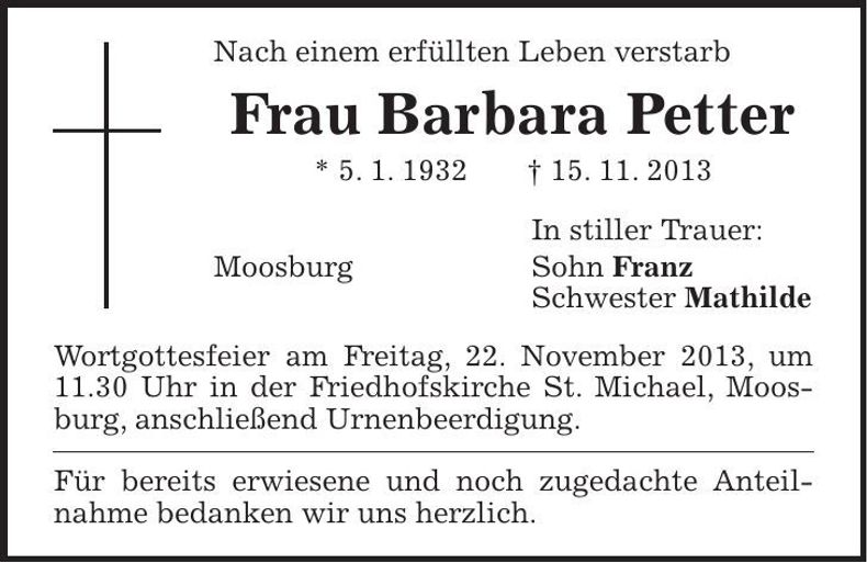 Traueranzeige Barbara Petter