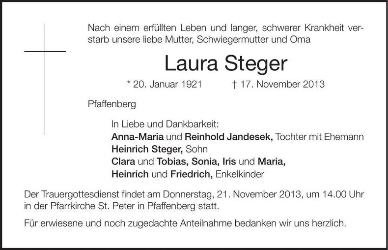 Traueranzeige Laura Steger