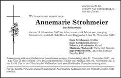 Traueranzeige Annemarie Strohmeier