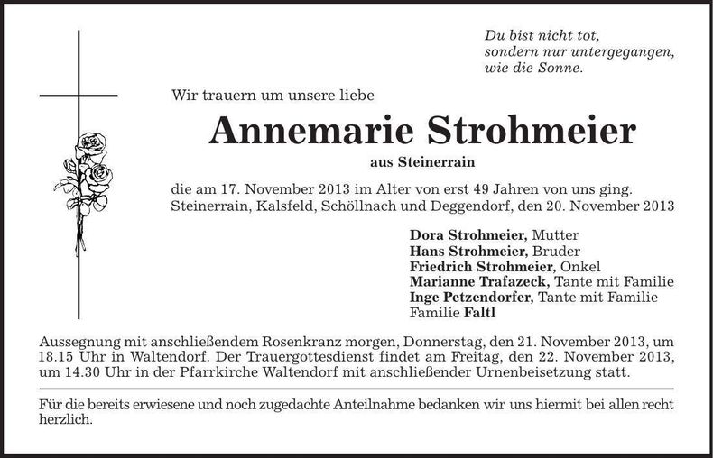 Traueranzeige Annemarie Strohmeier