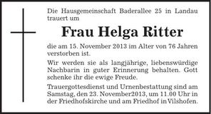 Traueranzeige Helga Ritter