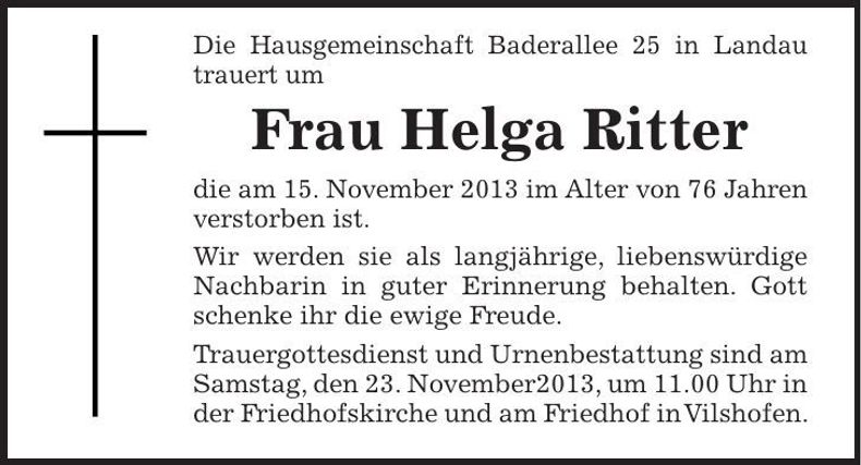 Traueranzeige Helga Ritter