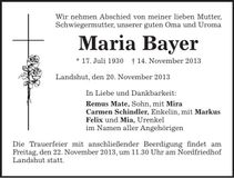 Traueranzeige Maria Bayer