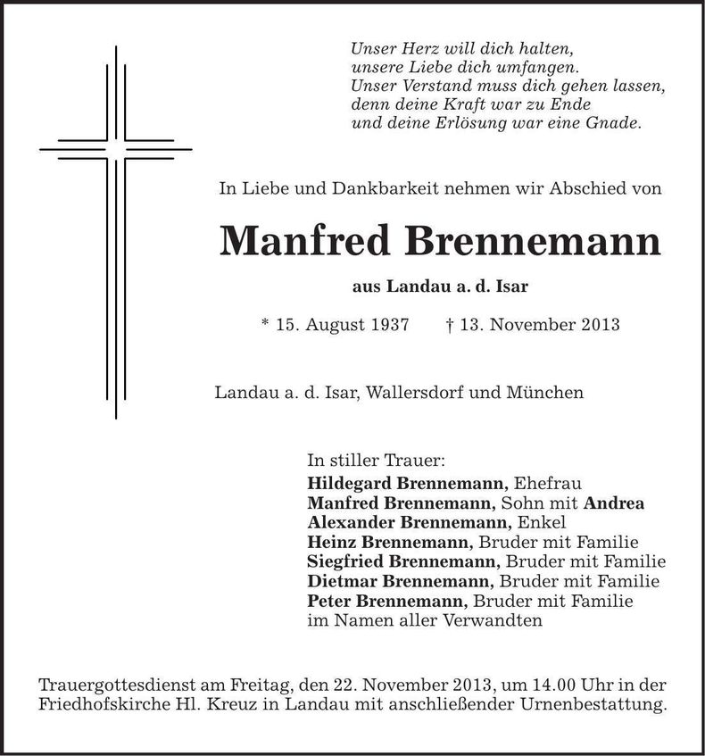 Traueranzeige Manfred Brennemann
