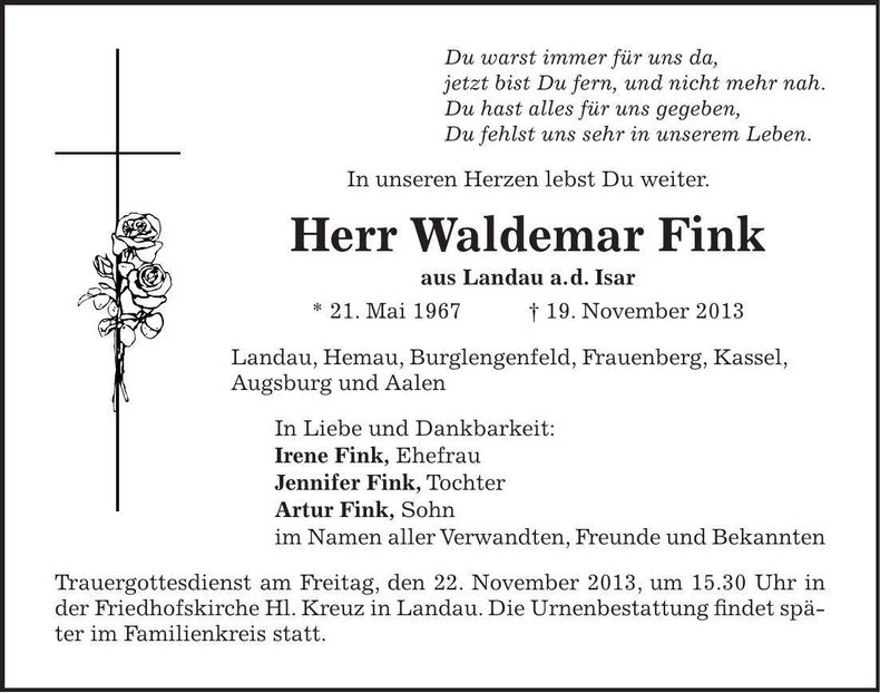 Traueranzeige Waldemar Fink