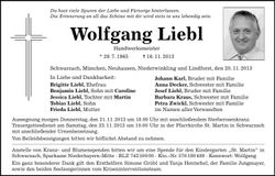 Traueranzeige Wolfgang Liebl