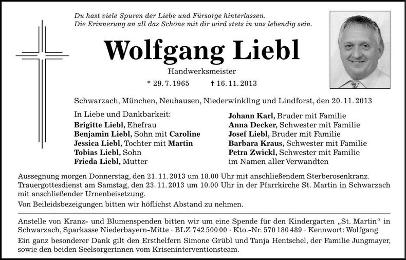 Traueranzeige Wolfgang Liebl
