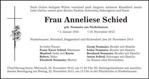 Traueranzeige Anneliese Schied