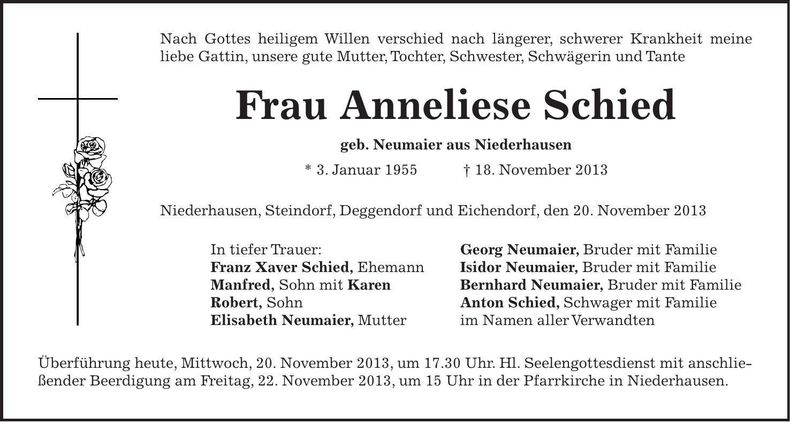 Traueranzeige Anneliese Schied
