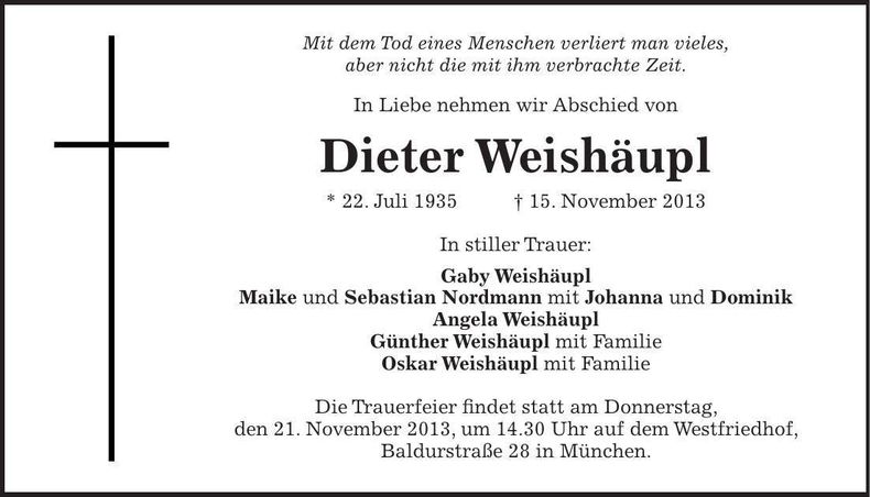 Traueranzeige Dieter Weishäupl