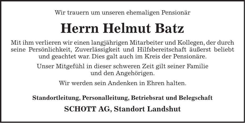 Traueranzeige Helmut Batz