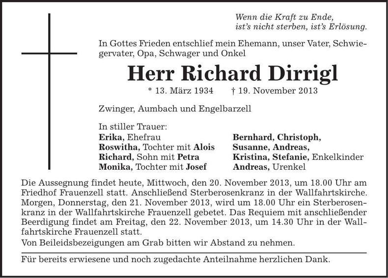 Traueranzeige Richard Dirrigl