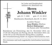 Traueranzeige Johann Winkler