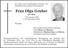 Traueranzeige Olga Gruber
