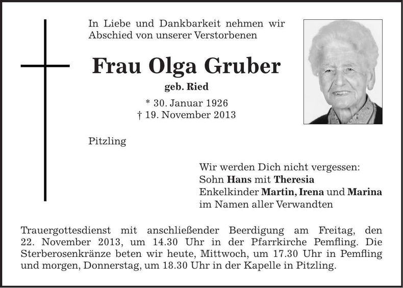 Traueranzeige Olga Gruber