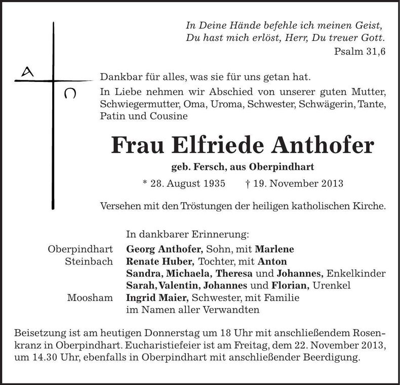 Traueranzeige Elfriede Anthofer