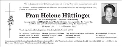 Traueranzeige Helene Hüttinger