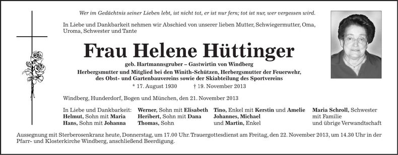 Traueranzeige Helene Hüttinger