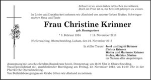 Traueranzeige Christine Krinner