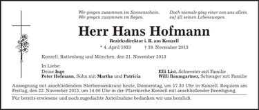 Traueranzeige Hans Hofmann