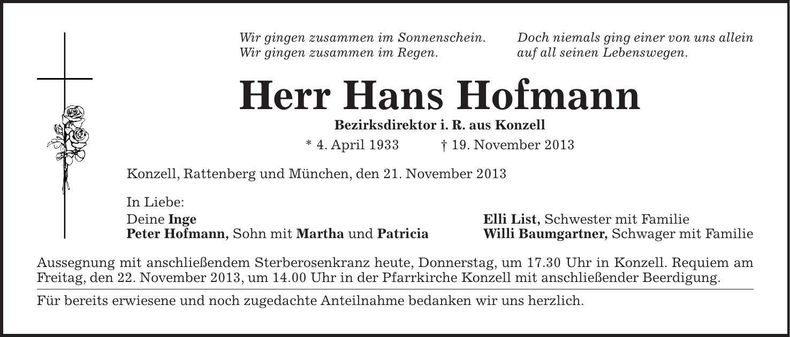 Traueranzeige Hans Hofmann