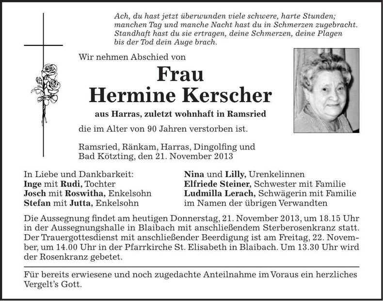 Traueranzeige Hermine Kerscher