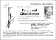 Traueranzeige Ferdinand Zitzelsberger