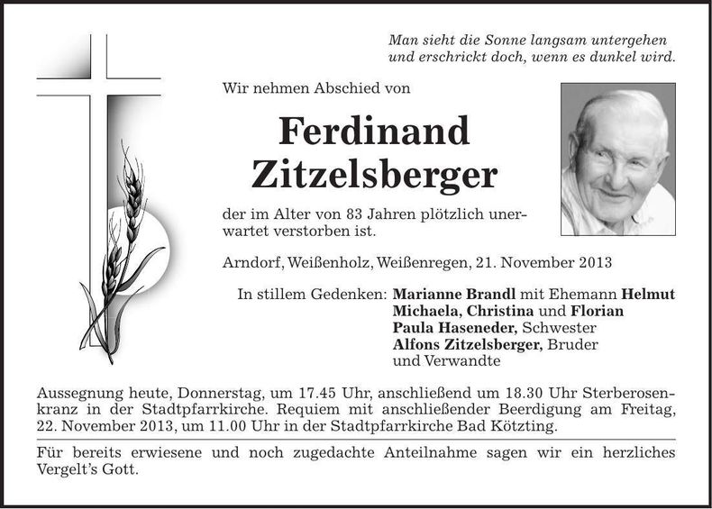 Traueranzeige Ferdinand Zitzelsberger