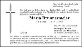 Traueranzeige Maria Brunnermeier